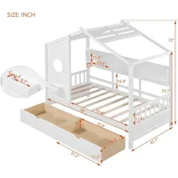 Twin House Bed with Storage Drawers & Bookcase, Montessori Twin Platform Bed Frame with Rails & Roof for Kids Teens Girls Boys 2