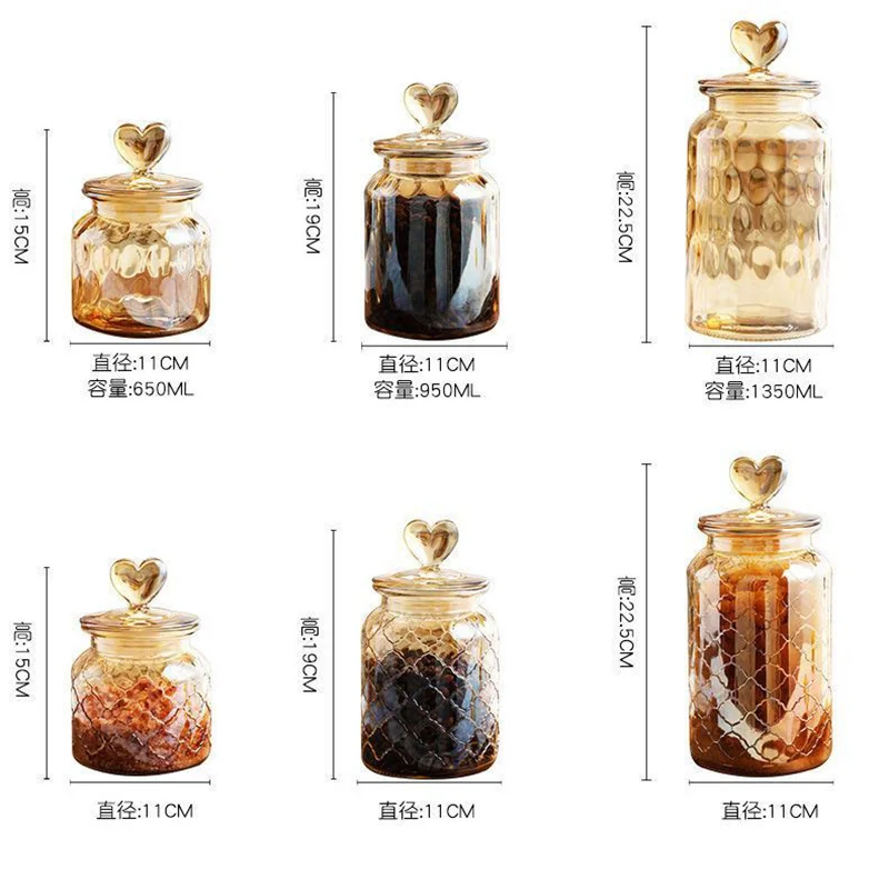 Heart-shaped Glass Storage Jar Sealed Tea Cans Home Large-capacity Candy Nut Coffee Bean Storage Jar Kitchen Container