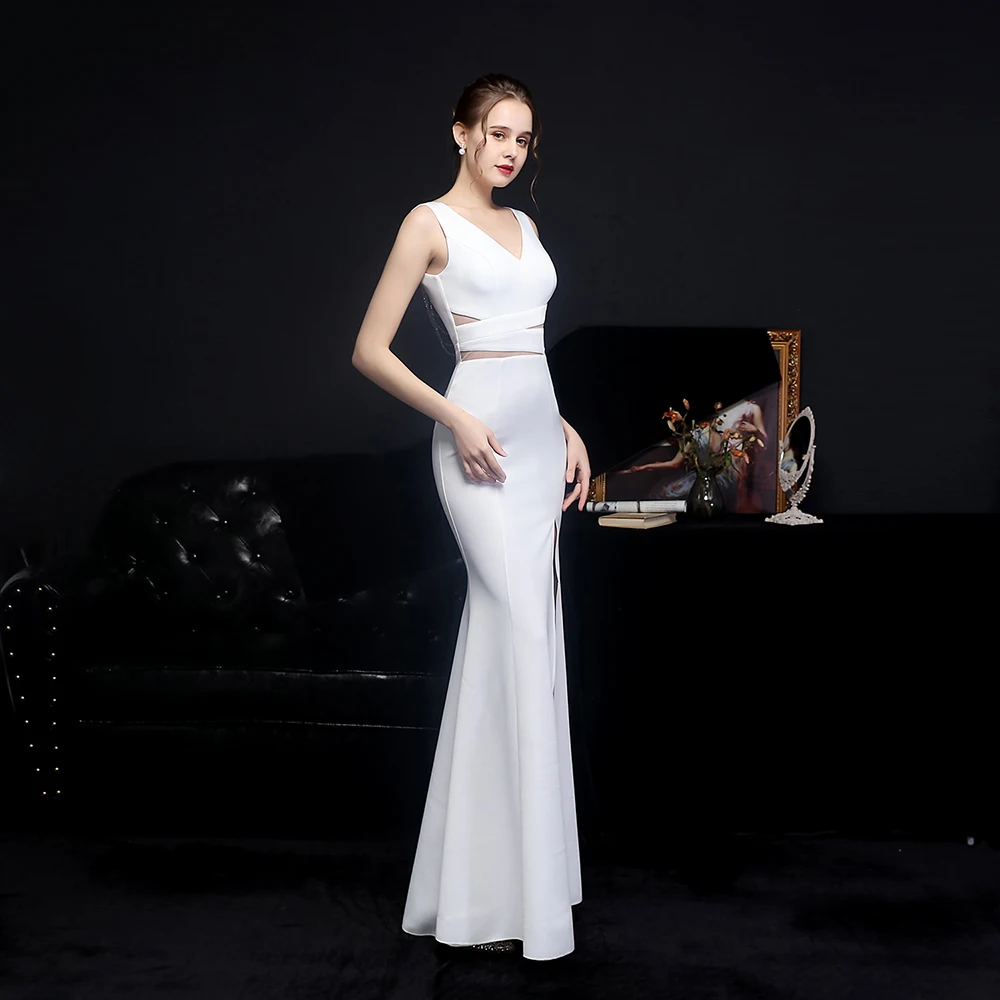 Women's V Neck Sleeveless High Split Dress for Summer Elegant Hollow Out Mesh Evening Gowns