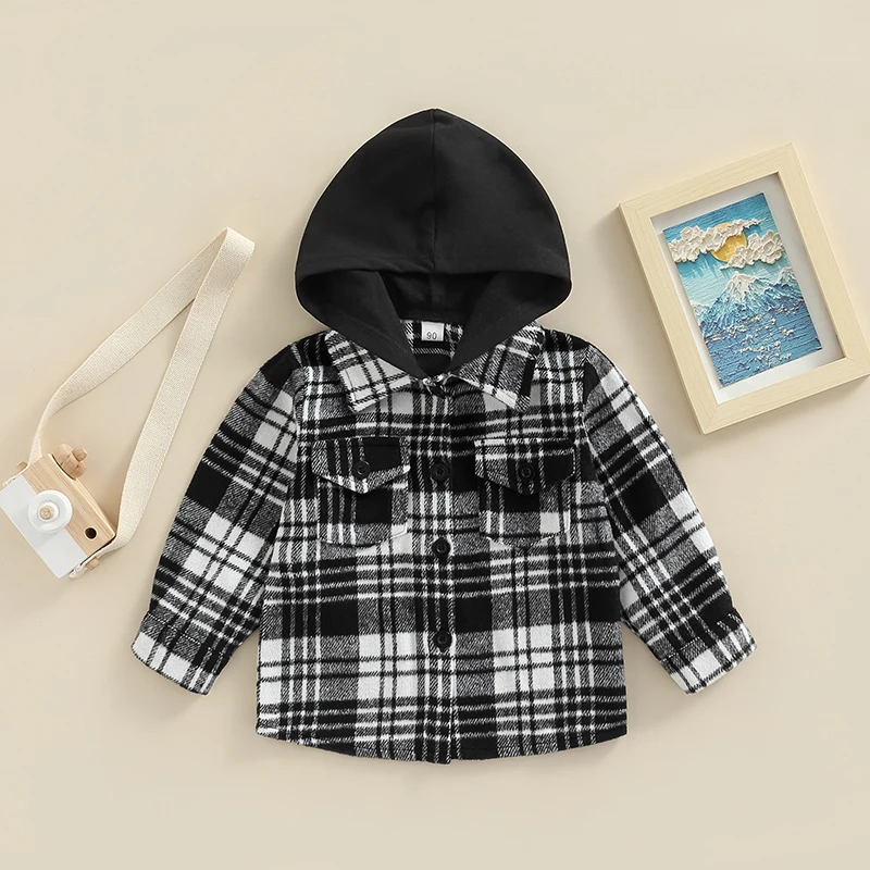 FOCUSNORM 1-6Y Fashion Kids Boys Autumn Jacket Outwear Hooded Single-Breasted Plaid Printed Long Sleeve Shirts