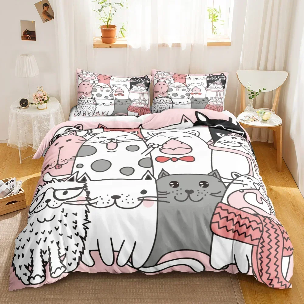 Cute Cat Single-sided Printed Bedding Set ,Comforter Cartoon Duvet Bedding Cover Pillows Comfortable Bedspreads Bedding Set