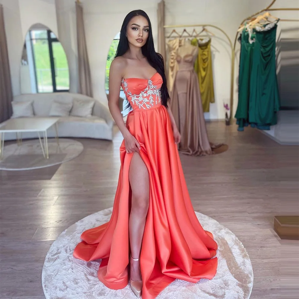 

Sevintage Orange A-Line Satin Prom Dresses Sweetheart Crystal Beading Sleeveless High Side Split Pleat Ruched Evening Gown 2023