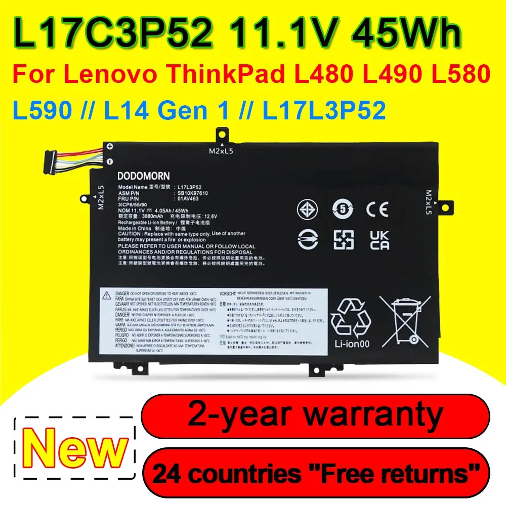 

Аккумулятор для ноутбука Lenovo ThinkPad L480 L490 L580 L590/L14 Gen 1 L17C3P52 01AV463 01AV466 SB10K97610 11,1 мАч, 4050 в, 45 Вт/ч, L17L3P52