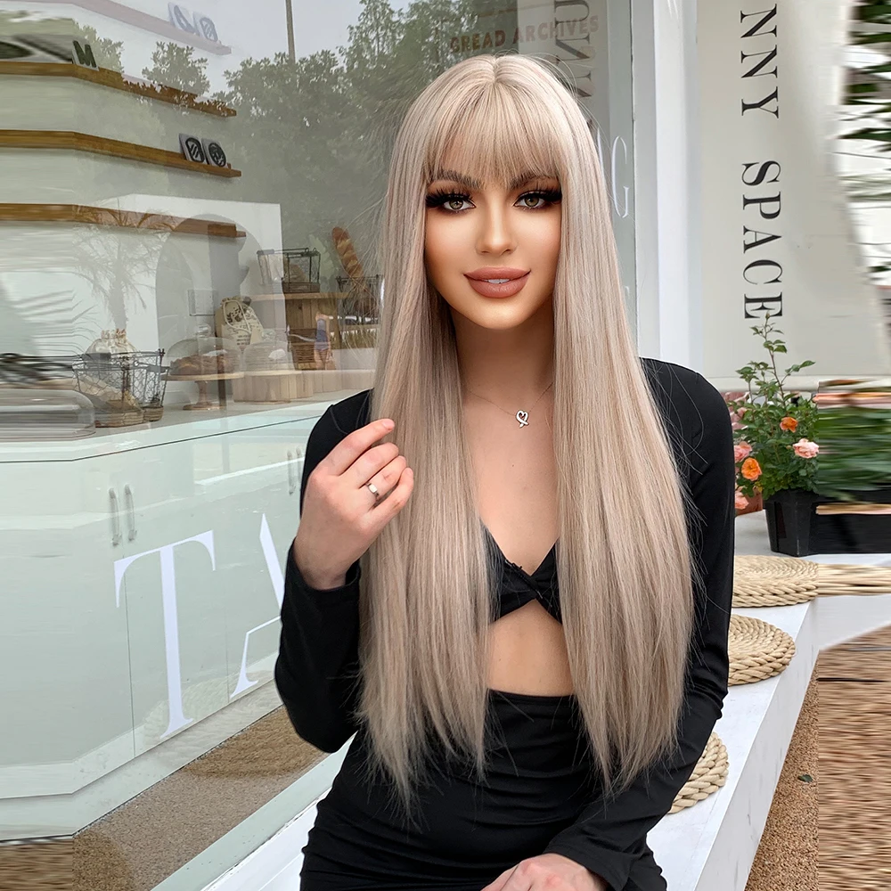 

Synthetic wig for women with long straight hair, full bangs, cosplay wig cover, realistic and natural for women's daily party