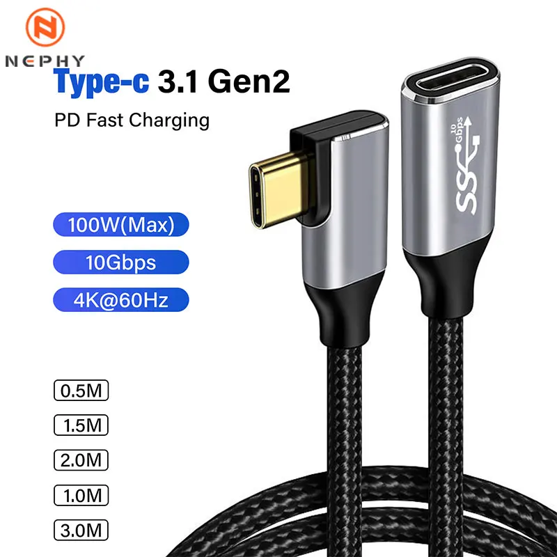 Ultra-High-Speed 100W USB-C Extension Cable with 90-Degree Elbow Design