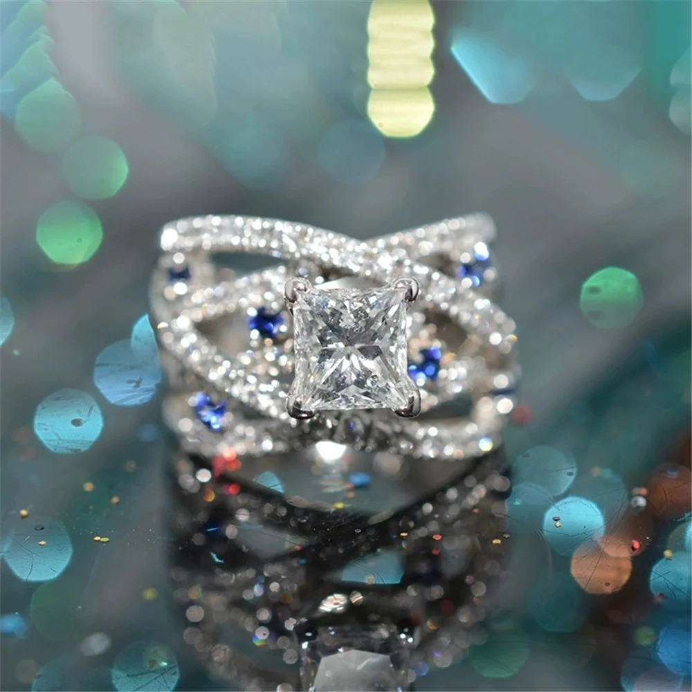 Female White Blue Zircon Stone Ring Vintage Silver Color Wedding Jewelry For Women