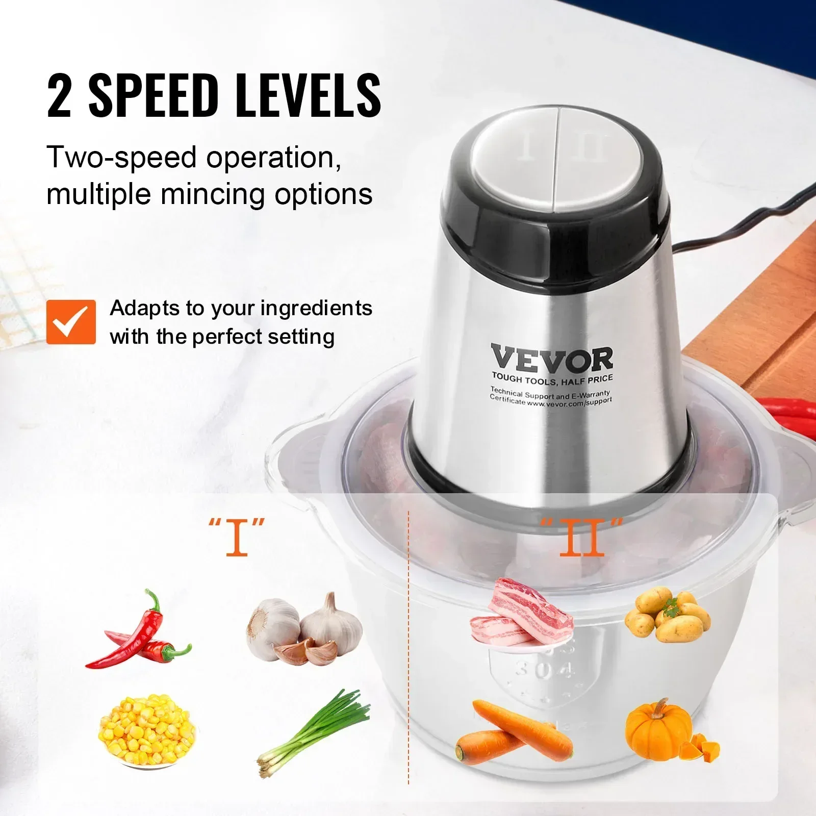 VEVOR Food Processor Electric Meat Grinder with 4-Wing Stainless Steel Blades Stainless Steel Bowl for Baby Food 4