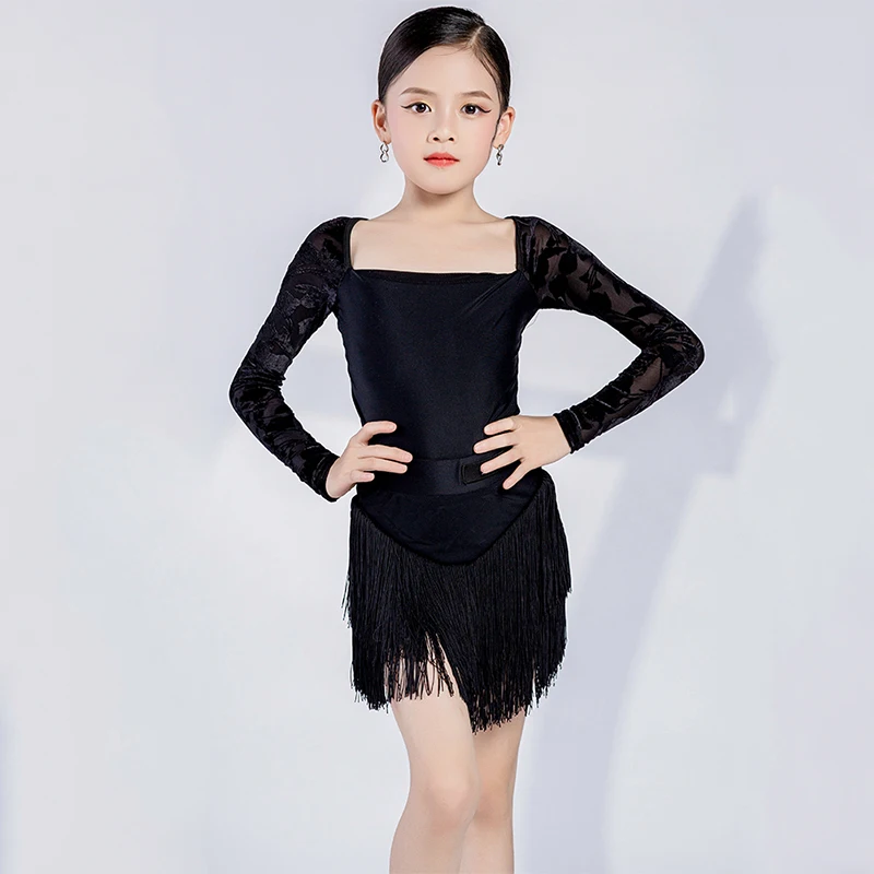 

Latin Dance Competition Costume Black Split Suit ChaCha Dance Outfit Backless Bodysuit Fringe Skirt Samba Practice Wear VDB6335