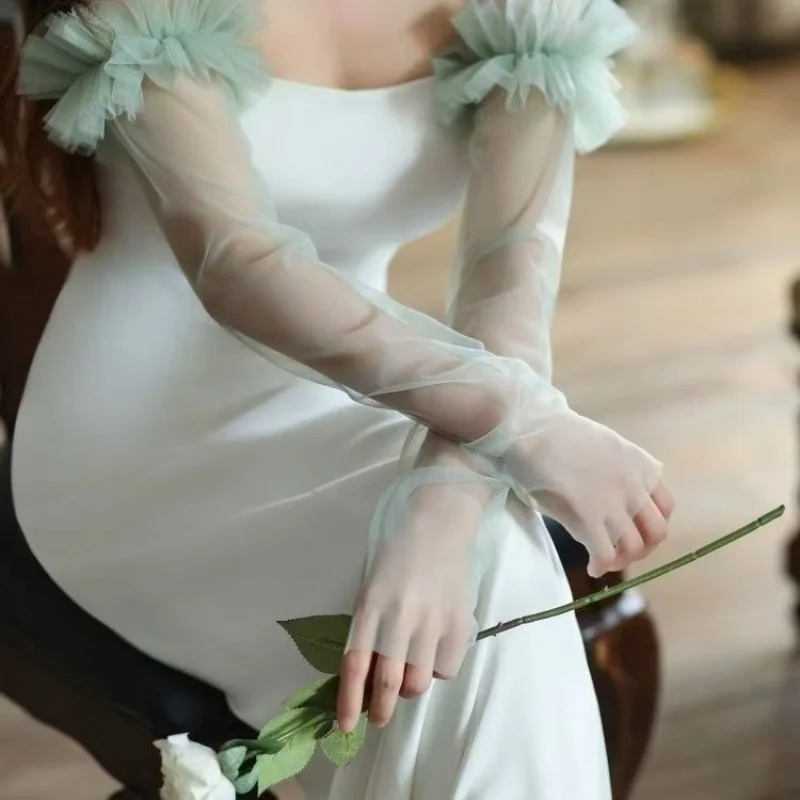 Bridal Sleeves Long Transparent Pleated Women's Wedding Dress Accessories in Multiple Colors