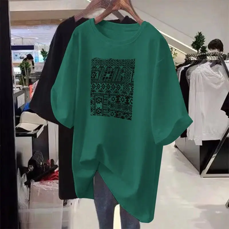 

2024 New Summer Oversized Bohemian Sweat Casual T-shirts for Women Loose Mixed Cotton Irregular O Neck Short Sleeve Chic Tops