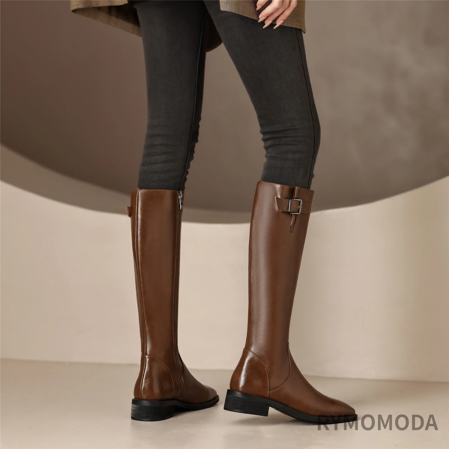 Women Knee High Boots 2026 Luxury Split Cow Genuine Leather Brown Black ZIP Low Block Heel High Quality Long Boot Handmade Shoe