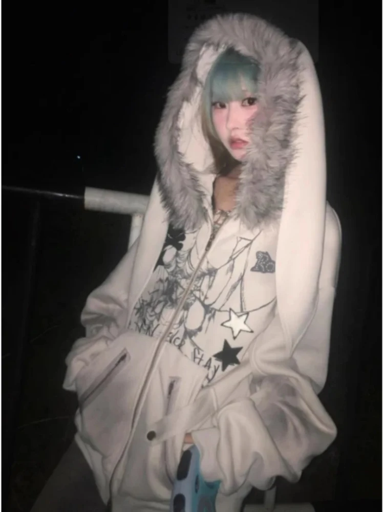 빈티지 서브컬쳐 페이크 코트 여성 그래픽 자켓 후드 플리스 퍼 후드티 아메리칸 레트로 스트릿 Y2K 패션 탑 스웨트셔츠 - AliExpress