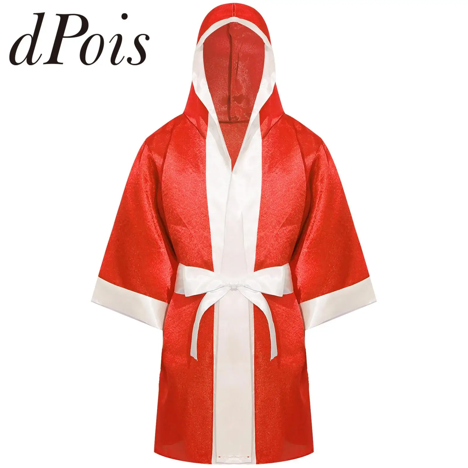 Kids Boys Thai Boxing Robe Boxer Kickboxing Sportswear Satin Hooded Robe Boxing Cloak with Belt Practice Halloween Costume