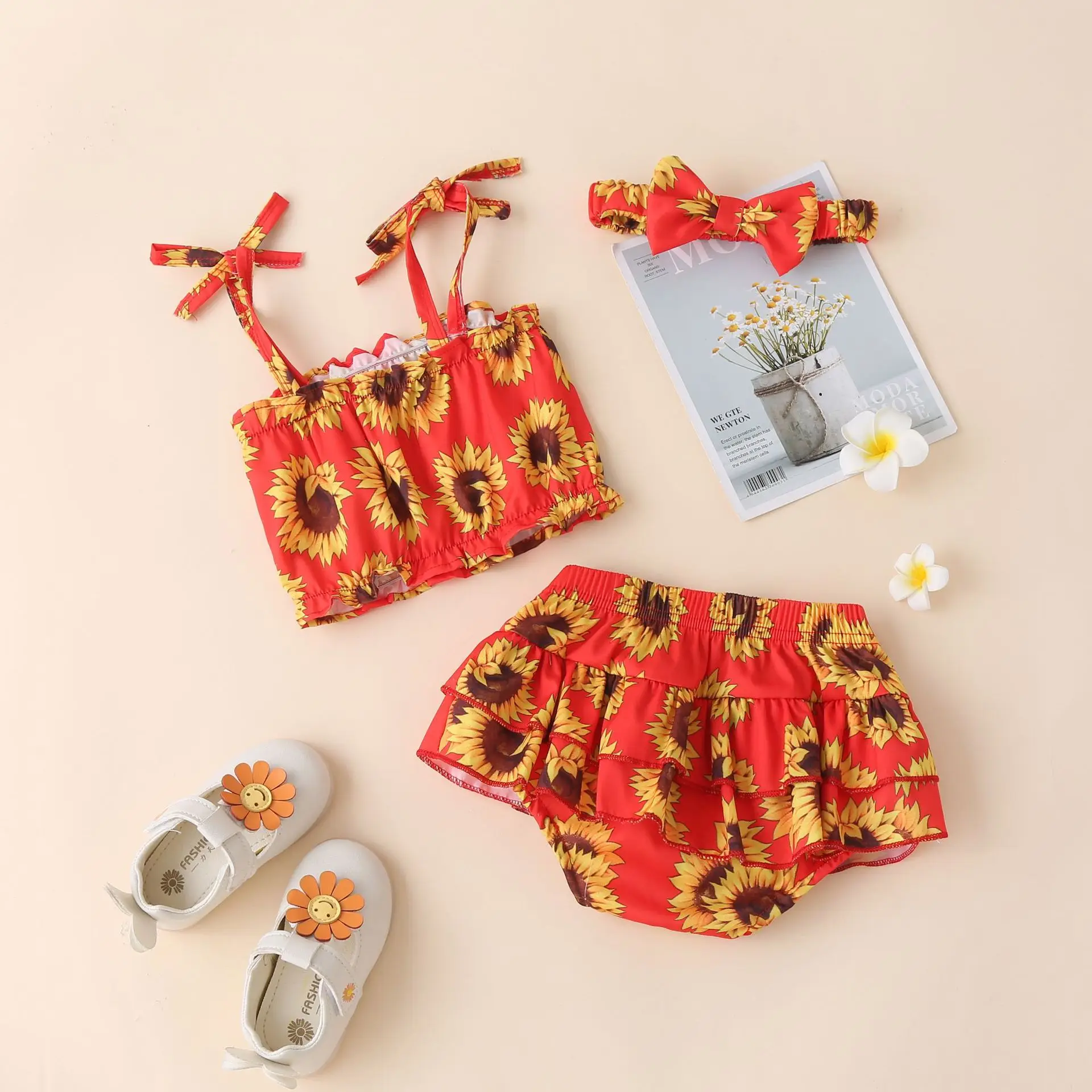 3PCS Newborn Baby Girls Clothes Summer Set Kids Child Vest Tops Sunflower Print Short Headband Toddler New Born Summer Outfits baby floral clothing set Baby Clothing Set