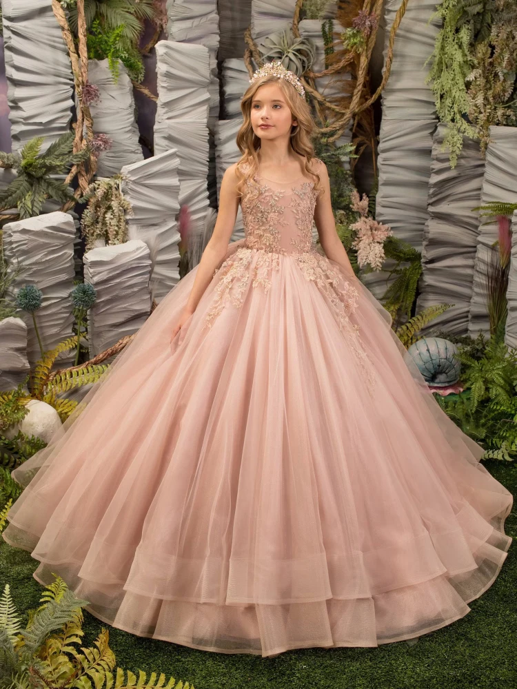 

Dusty Pink Flower Girl Dresses Tulle Puffy Appliques With Tailing Sleeveless For Wedding Birthday Party Banquet Princess Gowns