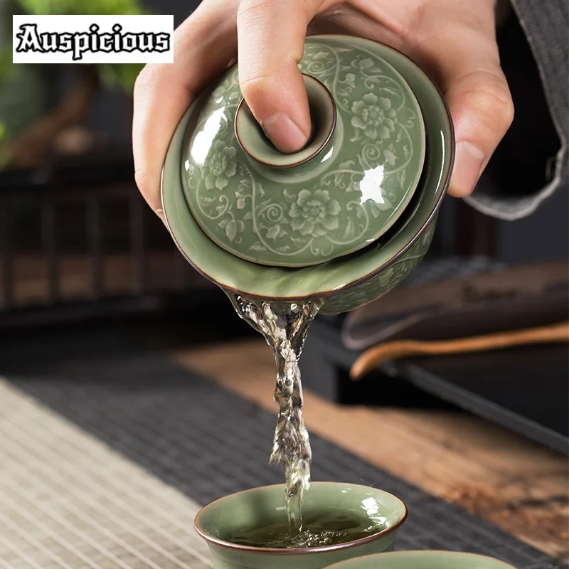 Longquan Celadon Shallow Gaiwan 150ml Zen Relief Entangled Lotus Flower Tea Tureen Tea Making Cover Bowl Ceremony Decoration