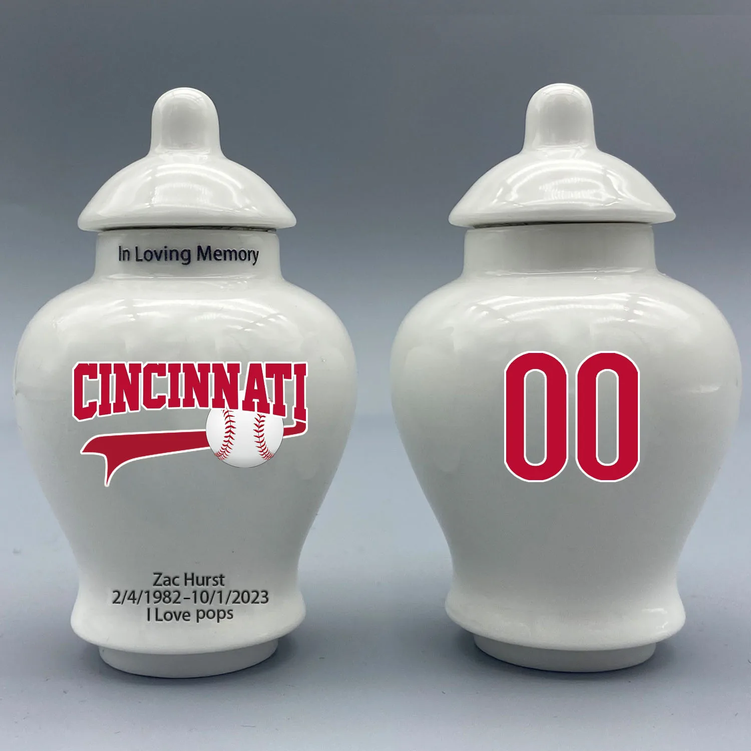 

Mini Urn for Cincinnati Reds-Baseball themed.Please send me the customization information - name/date and number on the urn