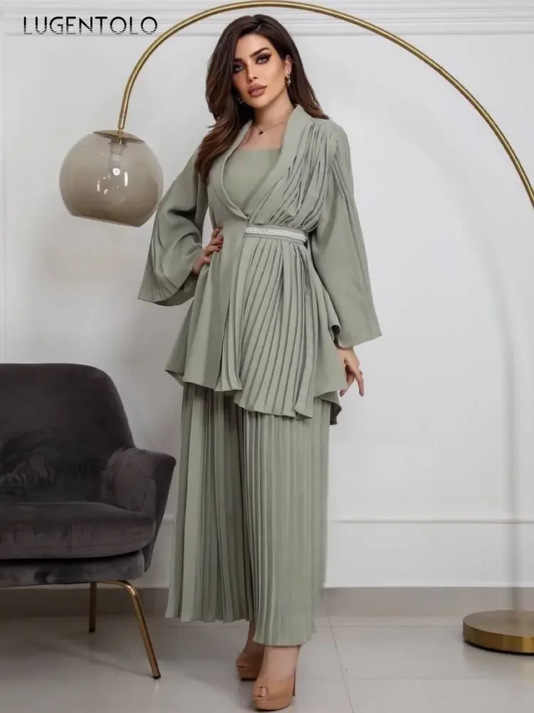 

Sexy Party Pant Sets Women Pressed Pleated Middle East Long Sleeve Jacket Tank Top Wide-leg Trousers Lady Elegant Three-piece