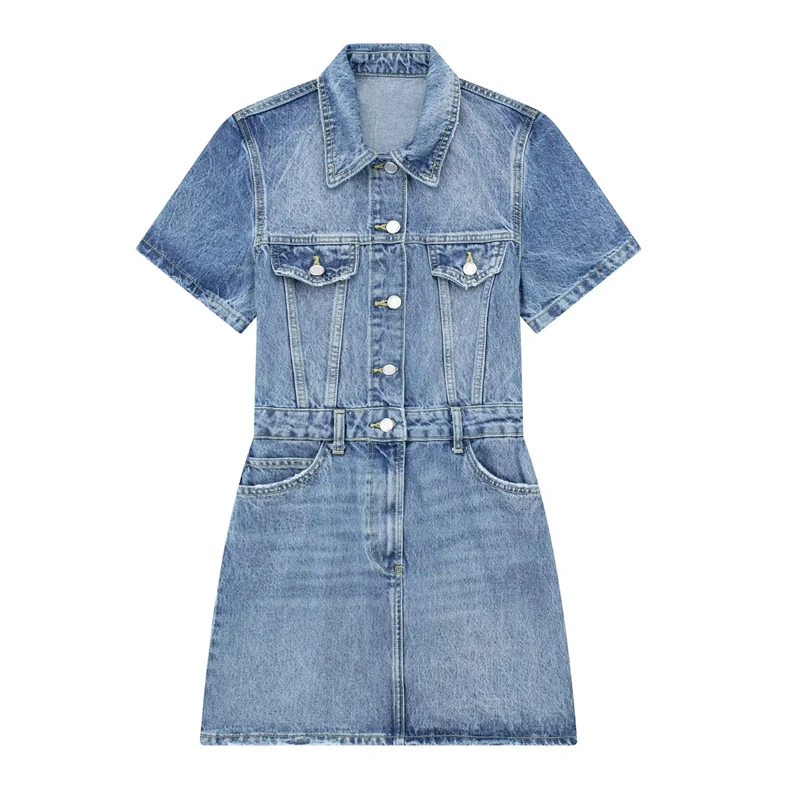 

2023 Summer New Washed Denim Dress Lapel Short-Sleeved Slim Fit Retro Old Fashion Shirt Skirt Waist Street Women's Mini Skirt