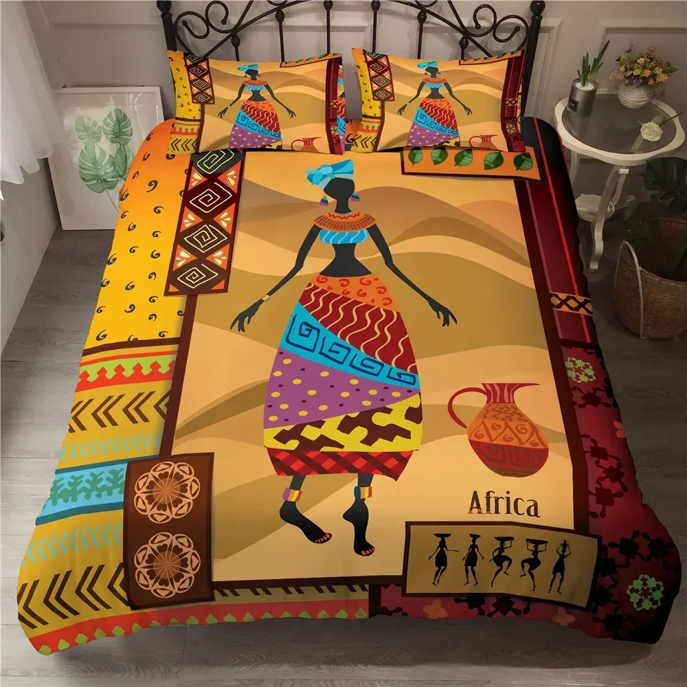 African Woman King Queen Duvet Cover Retro Exotic Tribal Black Girl Pattern Bedding Set Africa Polyester Quilt Cover Pillowcase
