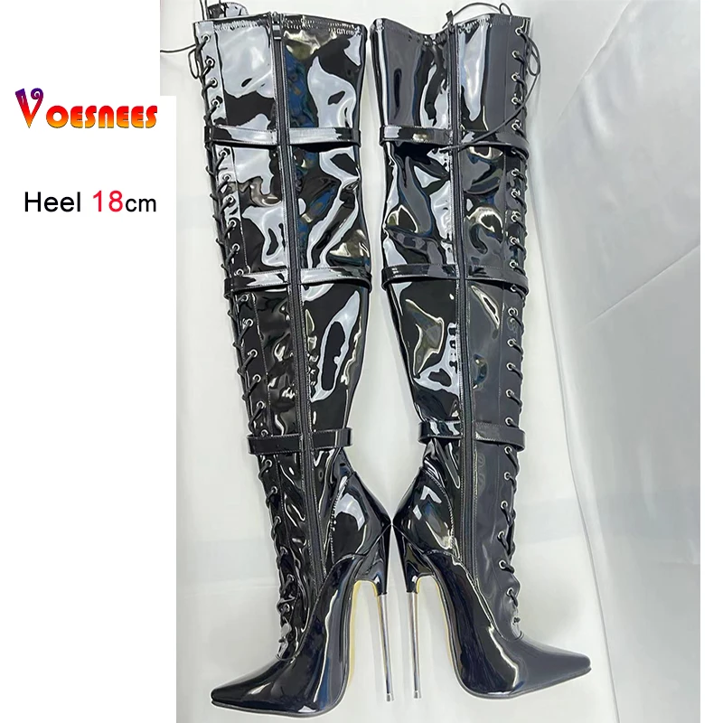 Black Sexy 18cm Metal Over Knee Women Boots Night Club Stage Pole Dance Thigh High Buckle Belts Boots Custom Colors Plus Size 46