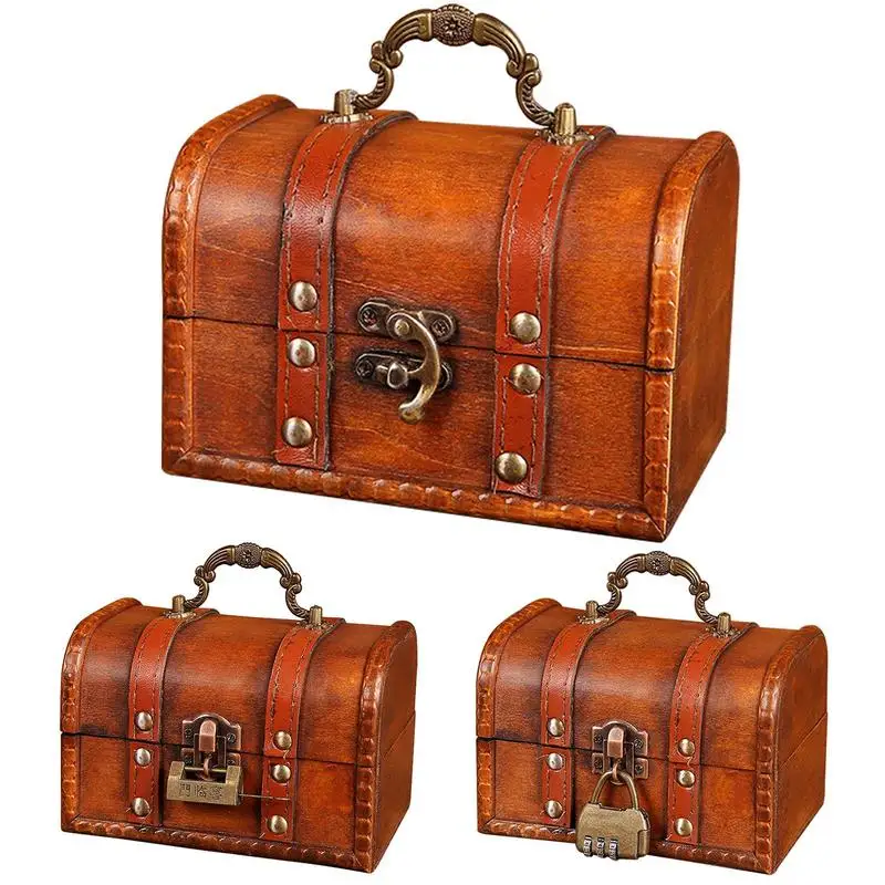 

Decorative Small Vintage Wooden Storage Box Antique Style Jewelry Organizer Trunk Box With Metal Lock For Pirate Keepsake