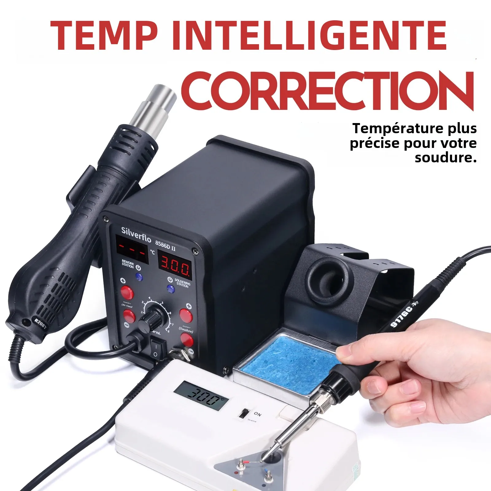 Station De Soudage 2 En 1 Air Chaud + Fer à Souder 60W - 700W - Température 100-500°C - Pour Électronique, Rework CMS, DIY - 8586 EU 220V