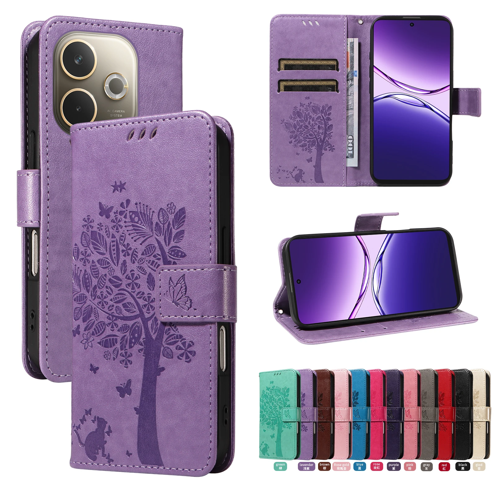 Magnetic Leather Phone Case with Cute Cat Design and Card Slots