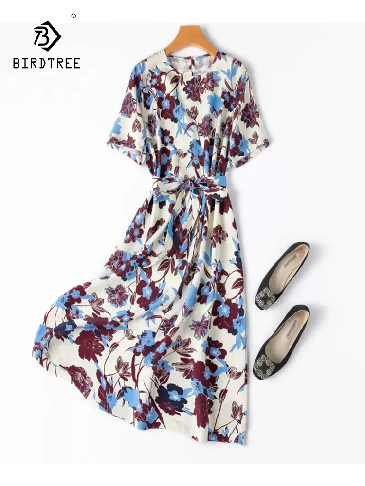 

BirdTree, 30MM 93%Real Silk Elegant Dresses For Women, Short Sleeve Lace-up Printed, Vacation Party Dress, 2024 Summer D437100QC