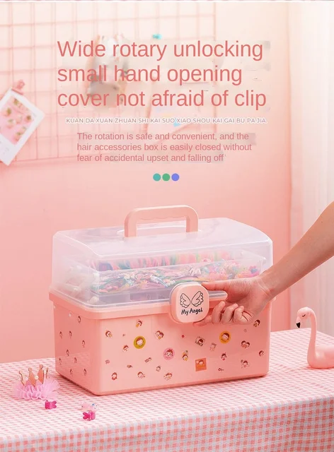 Pink Plastic Storage Box with Handle Kids Hair Jewelry Multipurpose  Organizer 