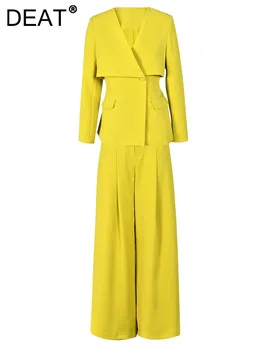 أطقم بنطال ساق واسعة أنيقة من DEAT ، أكمام طويلة ، سترة برقبة على شكل حرف V ، خصر متجمع ، فضفاض ، سيدة مكتب ، جديد ، الخريف ، 15G7152 1