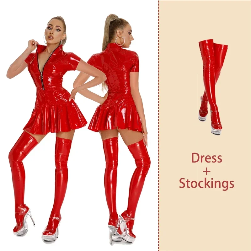 

AIIOU Women Hot Erotic Lingerie Sets Sexy Wet Look PU Leather Dress with Stockings Wetlook Latex Pleated Skirt Sexi Costumes