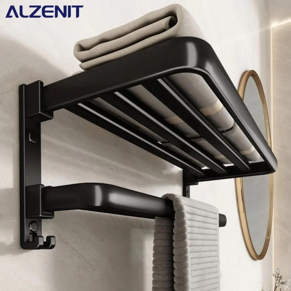 Black Towel Rack 40-60CM Double Folding Movable Bath Holder with Hook Wall Aluminum Shower Bar Hanger Rail Bathroom Accessories,towel rack,towel holder
