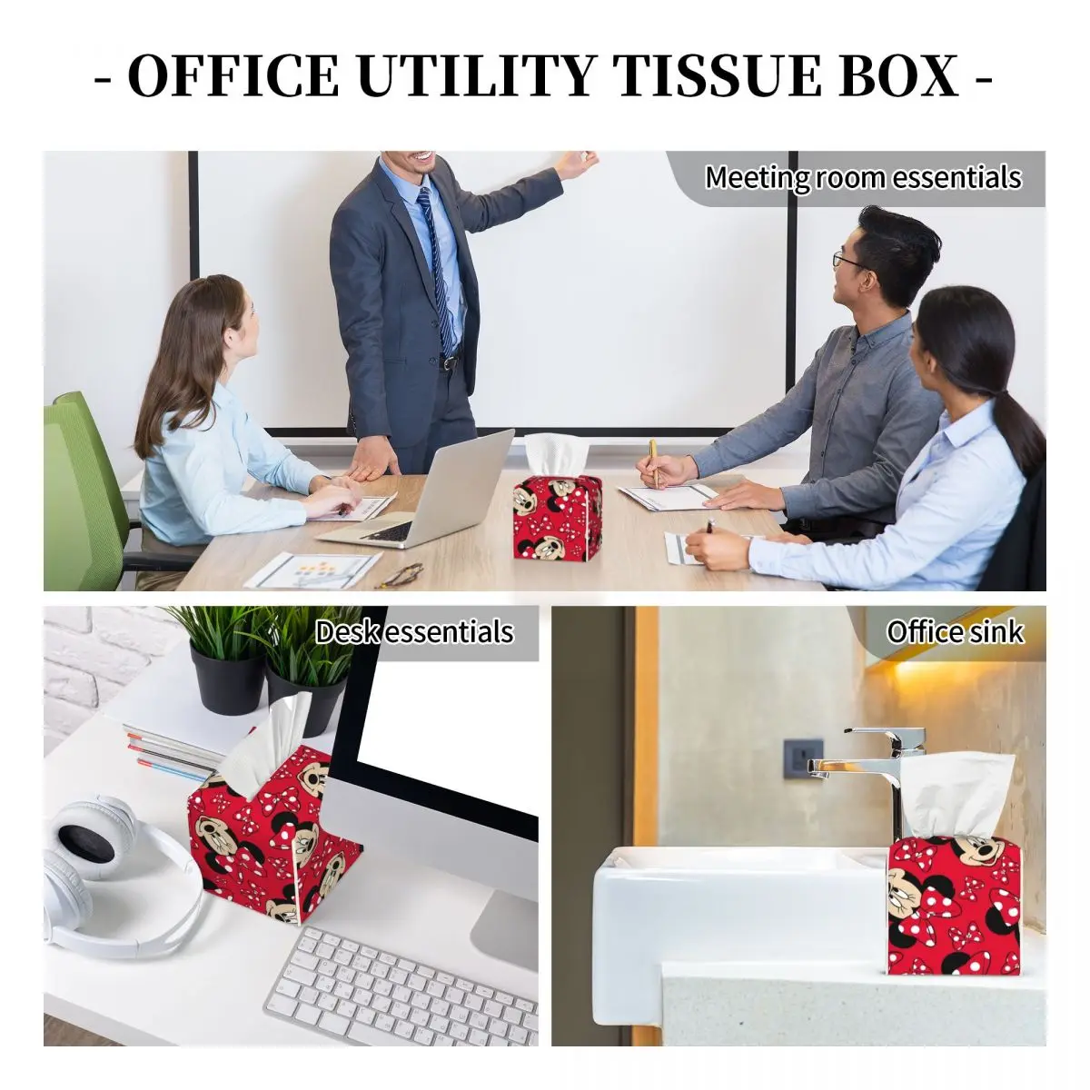 Custom Bow And Mickey Minnie Mouse Tissue Box Cover PU Leather Square Cartoon Facial Tissues Holder for Office 6