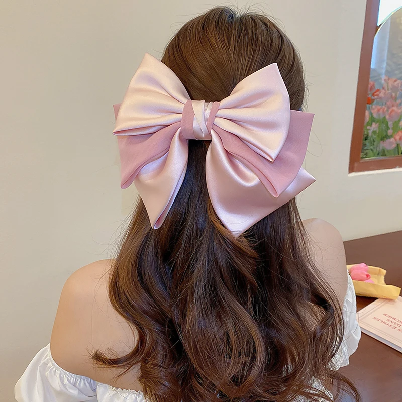 Elegant Sweet Pink Satin Bow Hair Clips