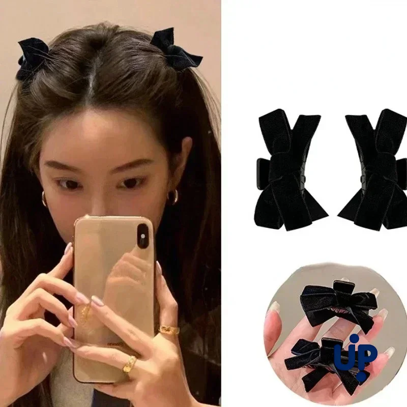 2개 블랙 리본 작은 집게핀 여성용 가을 겨울 빈티지 벨벳 뱅글핀 헤어핀 스타일 공주 헤어핀 헤어 장식