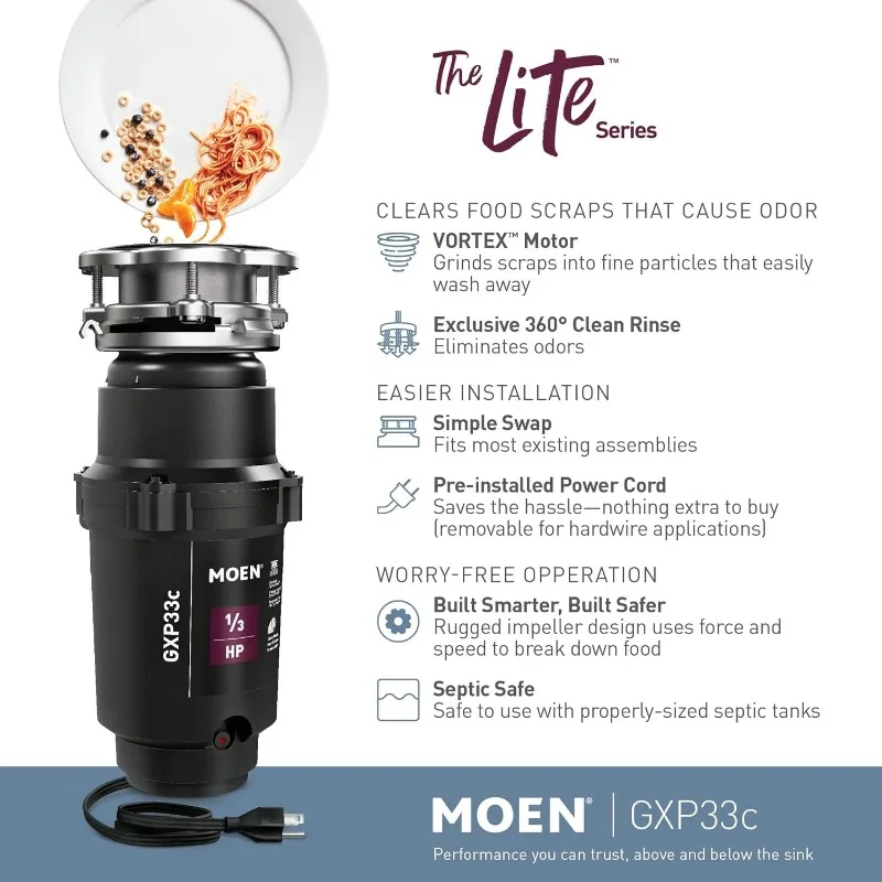 Moen GXP33C Lite Series PRO 1/3 HP Compact Continuous Feed Garbage Disposal for Kitchen Sink, Power Cord Included 3