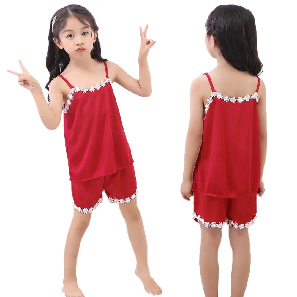 Girls Pajamas Sets Summer Children Satin Pajamas Kids Homewear Lace Vest+Short 2pcs Clothes Girls Nightwear Kid Silk Pyjamas pajama sets affordable	