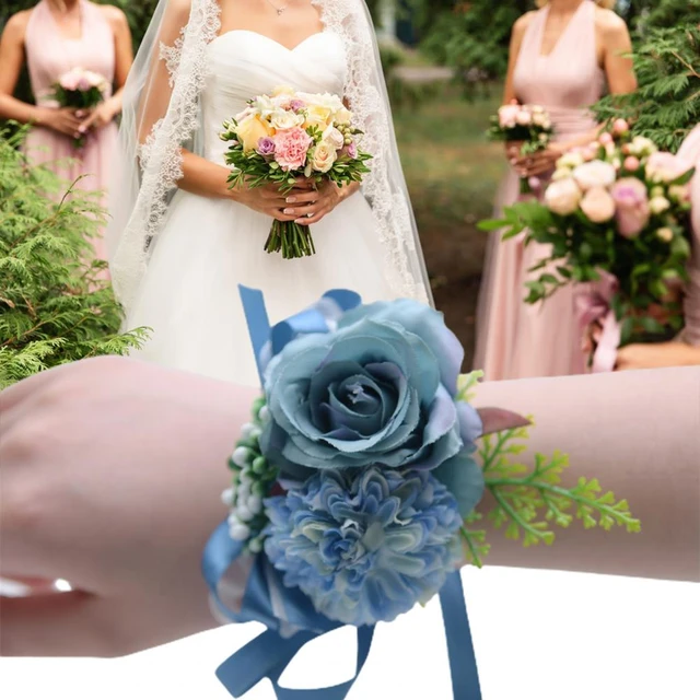 Royal Blue Wrist Corsage Bracelet Bridesmaid Sisters Hand Flowers Wedding  Party