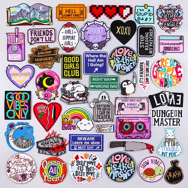 

Letter Stripes Patch Iron On Patches On Clothes Cartoon/Road Sign Applique Embroidered Patches For Clothing Stickers DIY Badges