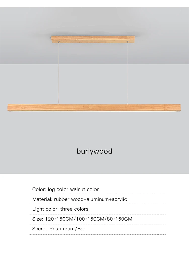 Minimalist Dining Room Pendant Lamp Wabi sabi Wood Long Strip Chandelier led chandelier,ceiling chandelier,led pendant light For Kitchen Table Bar Walnut Color Modern Led Lights