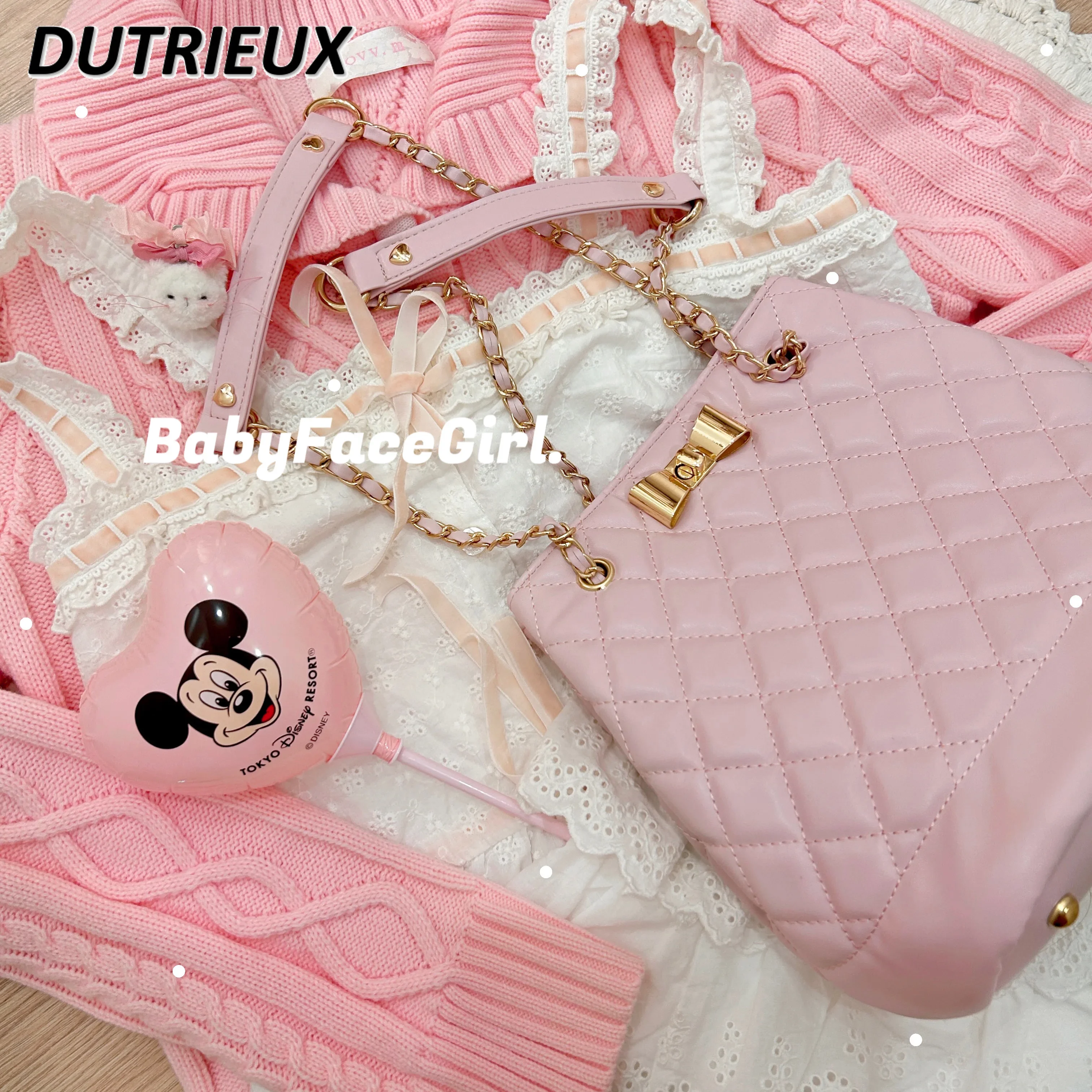 Princess Chain Rhombus Bucket Elegant All-Matching Girlish Bow Shoulder Bag Fashion Summer Autumn Kawaii Cosmetic Bags for Women