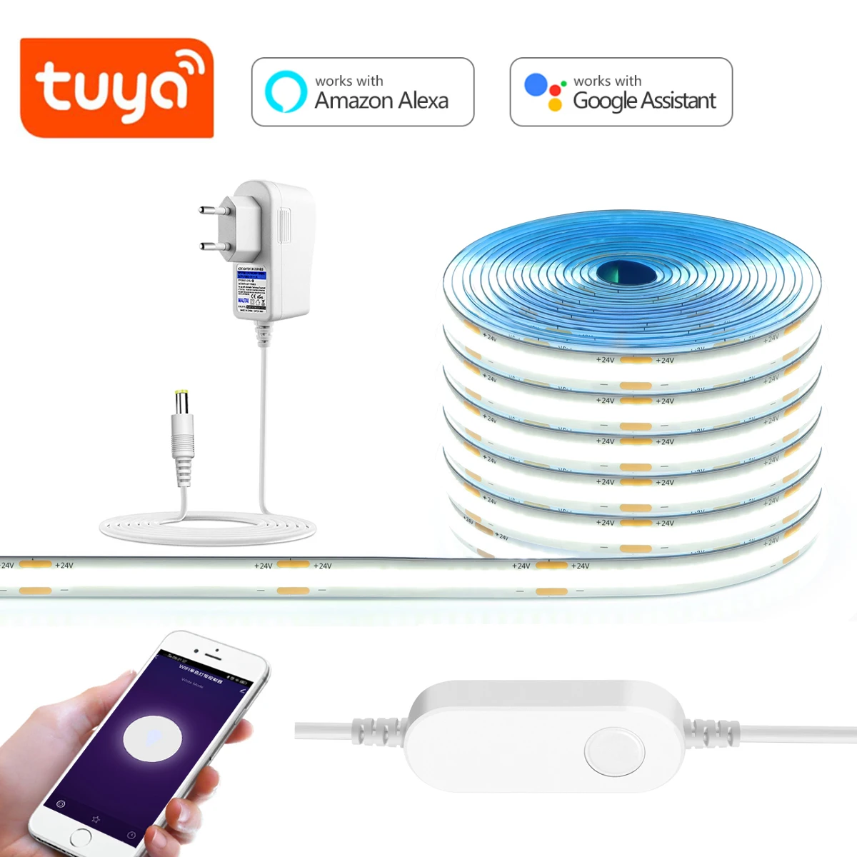 3M 5M 10M 24V COB LED Strip Light Tuya WiFi Smart Life App Control Dimmable Work With Alexa/Google Home DIY Room Backlight Decor