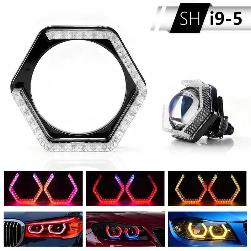 1쌍 5D RGB LED 엔젤 아이즈 헤일로 링 사각형 DRL 커버 (방향 지시등 포함) 앱 제어 헤일로 커버 (자동차 헤드라이트용)