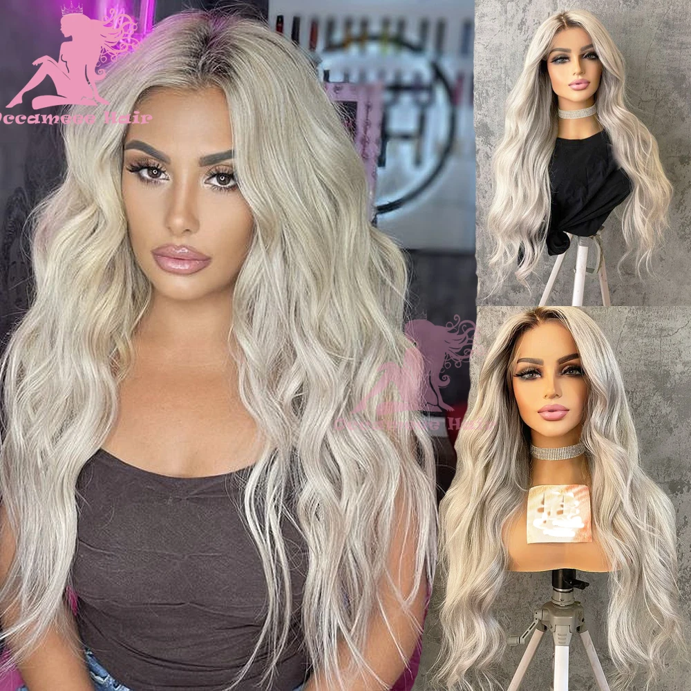 Ombre Ash Blonde Human Hair Wig Lace Front Brown Roots Natural Wave 13x6 Lace Frontal Wigs Transparent Lace Brazilian Preplucked