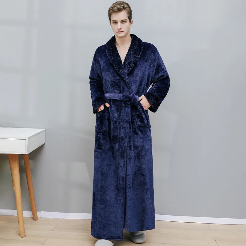 Mens Autumn and Winter Warm Long Coral Velvet Thick Couple Bathrobe Mens Pajamas Bathrobe Adult Bath Towel