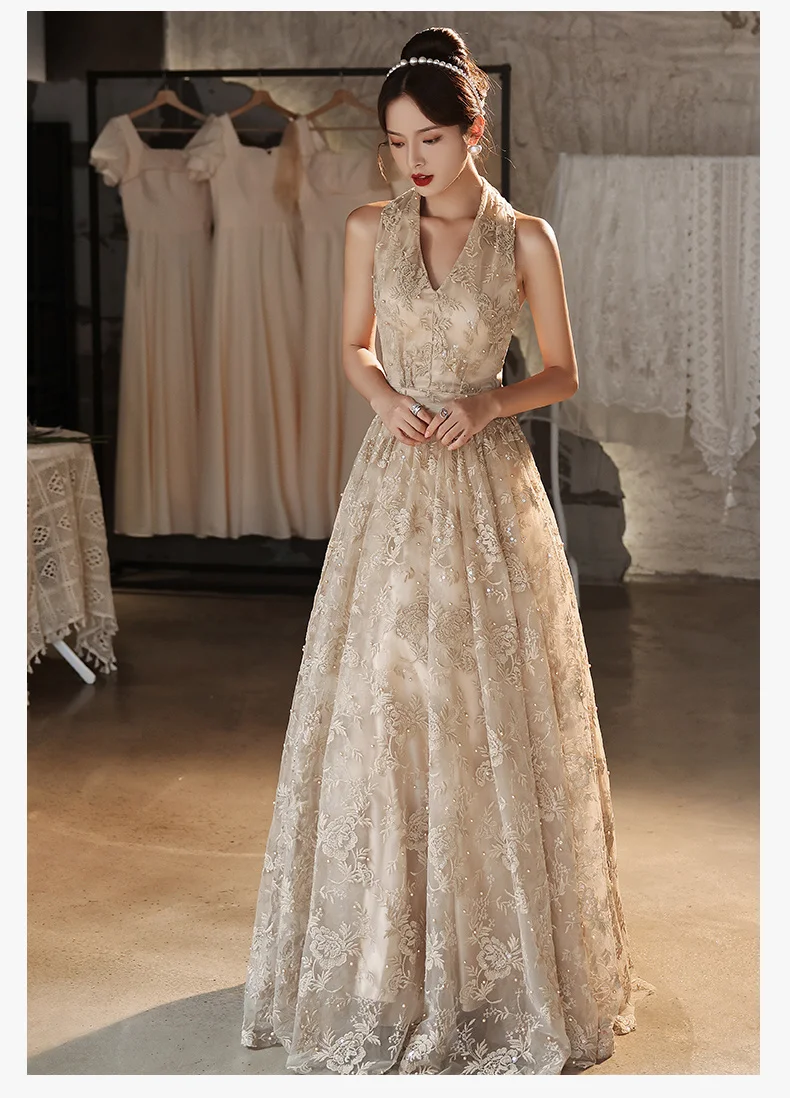 vintage prom dresses Sexy Halter Backless Prom Gowns 2021 V-Neck Sleeveless A-Line Floor-Length Beaded Lace Long Women Elegant Dresses For Gala satin prom dress