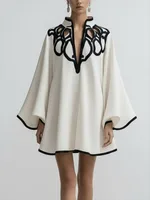 Freeacy Hollowed V-neck Mini Dress for Women Flared Sleeves A-line Pleated Dress 2025 Stylish Contrast Trims Elegant Party Dress