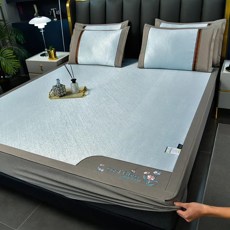 

Twill Ultra Dense Ice Mat Fitted Sheet Set of Three Pieces Embroidered Ice Silk Cool Mat for Naked Sleep Cool Feeling Mat