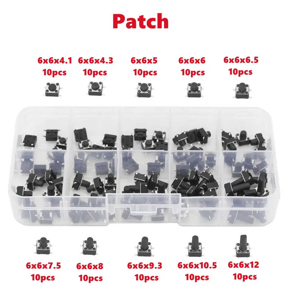 100 PCS 10 Models 6*6 Tact Switch Tactile Push Button Switch Kit Height: 4.1 5~12MM DIP 4P Micro Switch 6x6 Key Switch image 4